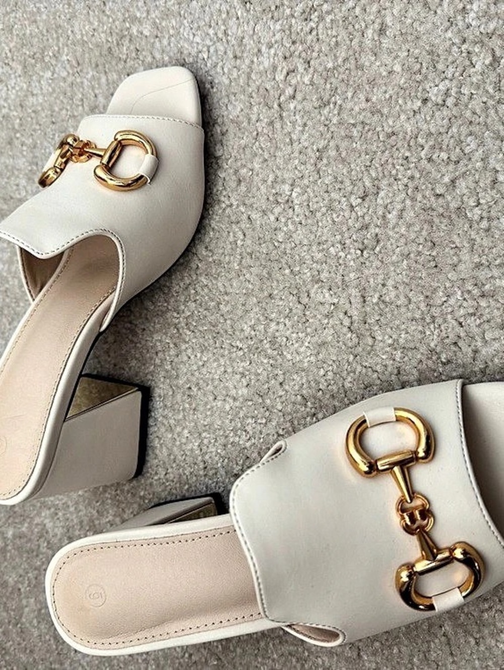 Gold Buckle Mules in White